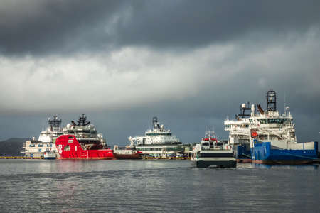 Bergen, Norway -  October 2017 : Large cargo ships in the Bergen port in autumn in Norwayのeditorial素材