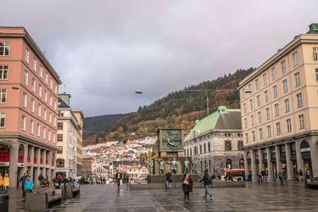 Bergen, Norway -  October 2017 : People walking on the Torgallmenningen, the main square in the centre of Bergen city in autumn, Norwayのeditorial素材