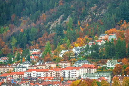 Hillside homes in Bergen in autumn, Norwayの写真素材