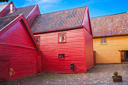 Historic colorful wooden buildings in the old town of Bergen,  Norwayの写真素材