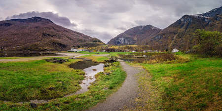 Panoramic view of the mountain scenery in small village Flam, Norwayの写真素材