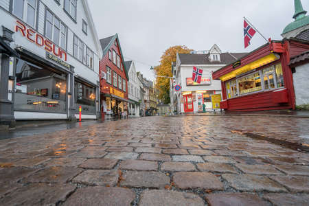 Bergen, Norway -  October 2017 :  Shops, cafes and restaurants in the centre of Bergen city in autumn on a rainy day, Norwayのeditorial素材
