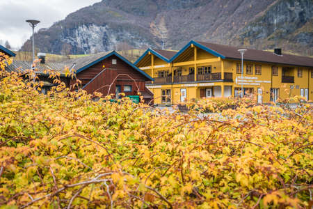 Bergen, Norway -  October 2017 :  Small Flamsbana railway museum and other buildings  in the Flam town, Norwayのeditorial素材