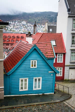 Bergen, Norway -  October 2017 :  Traditional small blue wooden house in Bergen old town in Norwayのeditorial素材