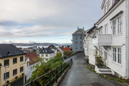 Bergen, Norway -  October 2017 :  Traditional old wooden houses on the hillside in the old part of Bergen town, Norwayのeditorial素材