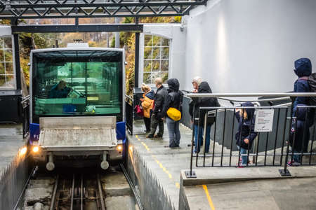 Bergen, Norway -  October 2017 :  Passengers awaiting the Floibanen funicular at the  top station on top of the Mount Floyen, Bergen, Norwayのeditorial素材