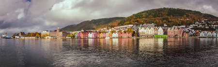 Bergen, Norway -  October 2017 :  Panoramic view of the colorful houses in the historic Bryggen area in Bergen, site on the World Cultural Heritage list, Norwayのeditorial素材