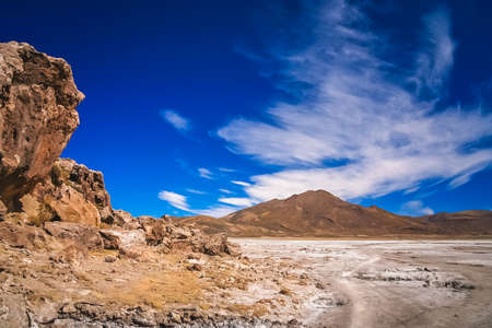 Dry land plain in the Altiplano mountains near Salar de Uyuni in summer, Andes, Boliviaの写真素材