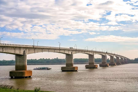Bridge over the mighty Mekong river, Kampong Cham town, Cambodiaの写真素材