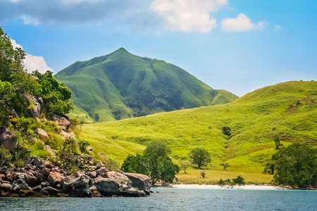 Green rugged mountain coastal landscape of the Komodo island, Indonesia, Asiaの写真素材