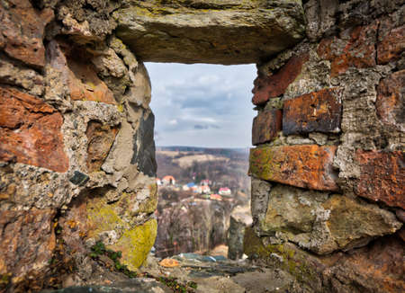 Window in the walls of the medieval Bolkow Castle in Lower Silesia, Polandの写真素材