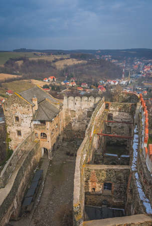 Ruins of the medieval Bolkow Castle as seen from the watchtower, Lower Silesia, Polandの写真素材