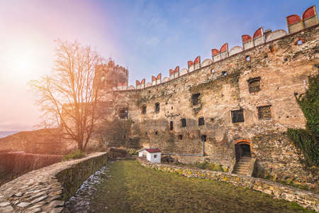 High and massive walls of the medieval Bolkow Castle in Lower Silesia, Polandの写真素材
