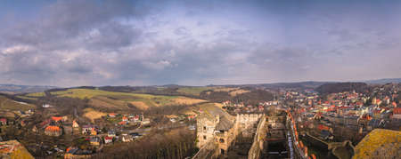 Panorama of the small Bolkow town in Lower Silesia, Poland, as seen from the walls of the Bolkow castleの写真素材
