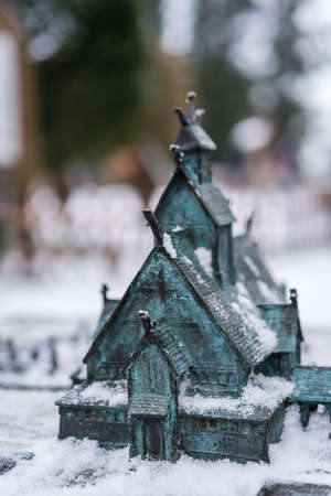 The miniature model of the medieval Wang Temple in Karpacz, Poland, photographed in winter. It is a Norwegian stave church which was transferred to Karkonosze mountains.の写真素材