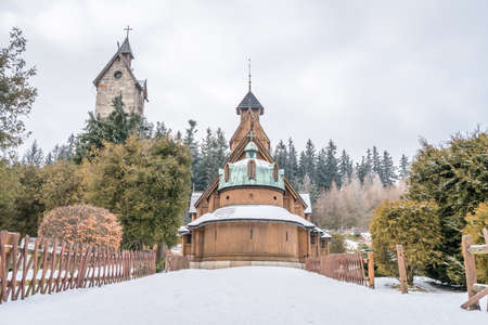 The medieval Wang Temple in Karpacz, Poland, photographed in winter. It is a Norwegian stave church which was transferred to Karkonosze mountains.の写真素材