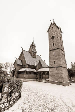 Karpacz, Poland -  February 2018 : The medieval Wang Temple photographed in winter. It is a Norwegian stave church which was transferred to Karkonosze mountains.のeditorial素材