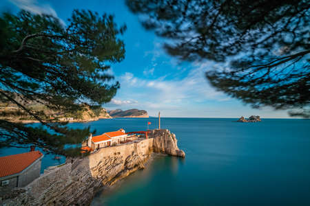 Stunningly located old town medieval fortress in Petrovac town in Montenegro, the Adriatic seaのeditorial素材