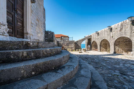Entrance to Archaeological Museum in Old Town, Ulcinj, Montenegroのeditorial素材