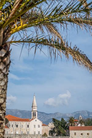 Vertical image of the church tower in Budva Old Town, Montenegro