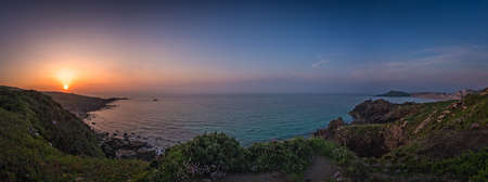 Sunset panorama over the Cornish coast near St. Ives, Cornwall, Englandの写真素材