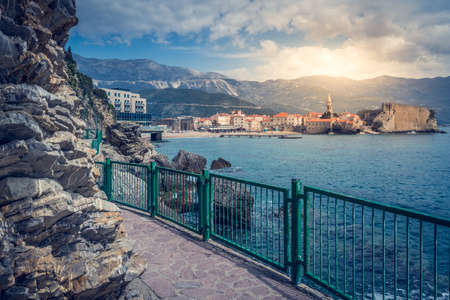 Budva, Montenegro - April 2018 : Panorama of the coastal pathway on the Budva Adriatic coast and Old Town, Montenegroのeditorial素材