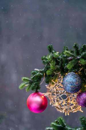 Colorful Christmas decorations hanging from the branches of the Christmas tree in Decemberの写真素材