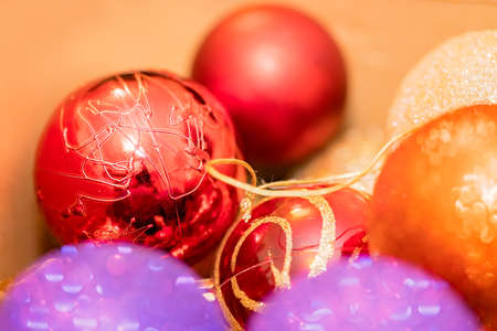 Close up of the colorful Christmas decorations used to decorate the Christmas tree in December