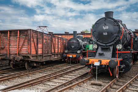 Jaworzyna Slaska, Poland - August 2018 : Old disused retro train locomotives on the side tracks in the depot in the Museum of Industry and Railway in Silesiaのeditorial素材