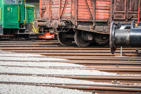 Jaworzyna Slaska, Poland - August 2018 : Old disused retro train locomotives and carriages on the side tracks in the depot in the Museum of Industry and Railway in Silesiaのeditorial素材