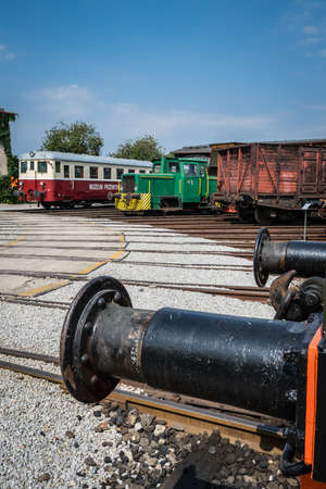 Jaworzyna Slaska, Poland - August 2018 : Old disused retro train locomotives and carriages on the...