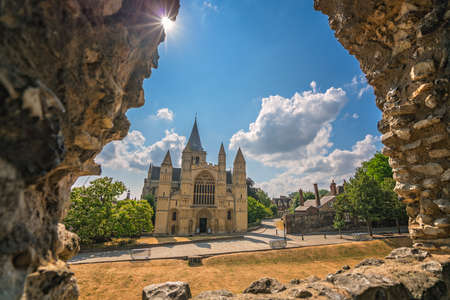 View of the magnificent Rochester Cathedral through the arched castle window, Kent, UKのeditorial素材