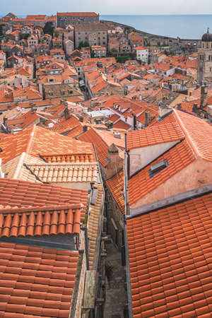 Close up of the Rooftops of old houses in Dubrovnik, viewed from the Old Town fortified wallsの写真素材