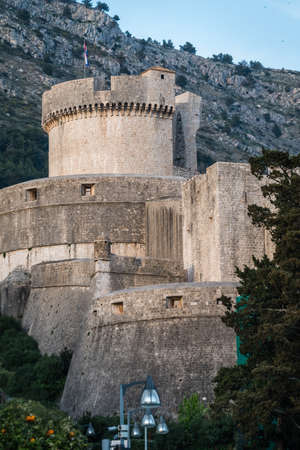 Massive thick stone walls of the Old Town above blue Adriatic sea, Dubrovnik, Croatiaのeditorial素材