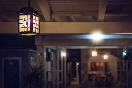 Lamps and lights outside a local cafe in Petrovac in the evening, Montenegro