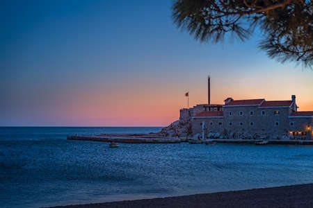 Stunningly located old town medieval fortress in Petrovac town in Montenegro, the Adriatic seaのeditorial素材