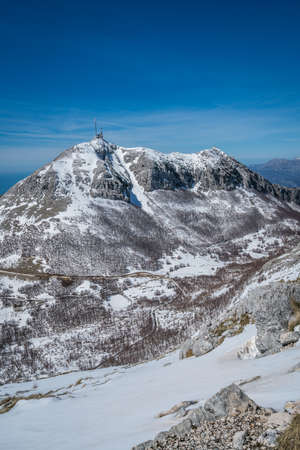 Stunning mountain winter landscape panorama of Stirovnik peak, the highest summit of the Lovcen National Park, Montenegroの写真素材
