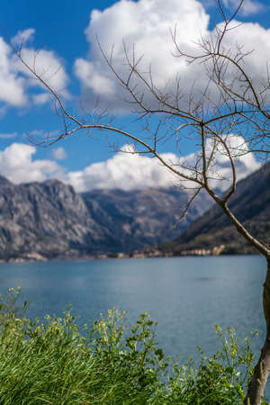 Stunning landscape of the sea and mountains in the Bay of Kotor as seen from the shore in Perast town, Montenegroの写真素材