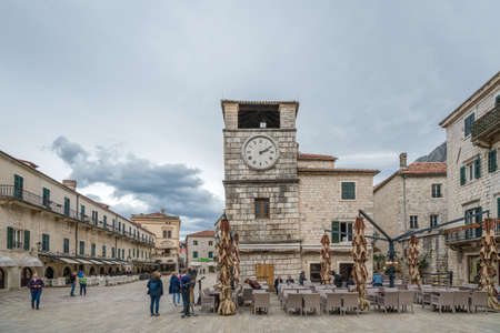 Kotor, Montenegro - April 2018 : The Clock Tower on the Square of Arms and the Old Townのeditorial素材