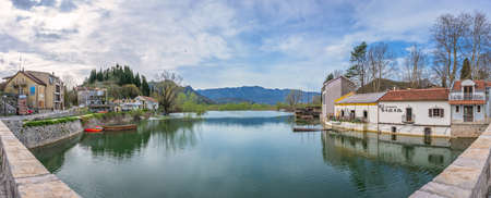 Virpazar, Montenegro - April 2018 : Panoramic view of the shore of lake Skadar in Virpazar townのeditorial素材