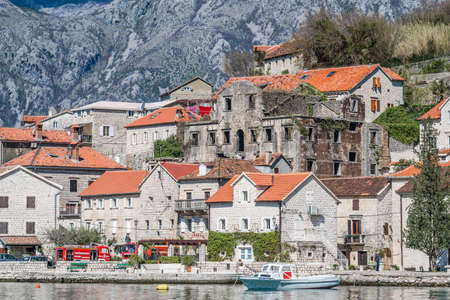 Perast, Montenegro - April 2018 : Old houses in the beautiful Perast town in the Kotor Bay