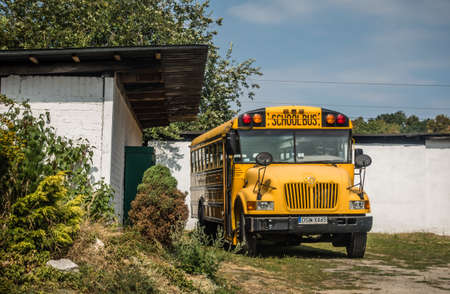 Jaworzyna Slaska, Poland - August 2018 : Big yellow school bus parked in the Museum of Industry and Railwayのeditorial素材