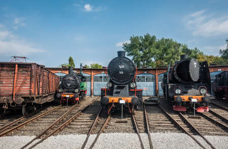 Jaworzyna Slaska, Poland - August 2018 : Old disused retro train locomotives on the side tracks in the depot in the Museum of Industry and Railway in Silesiaのeditorial素材