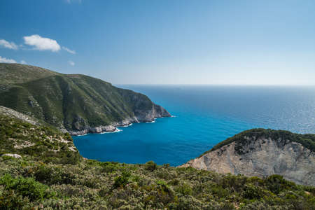 Panoramic view of the cliffs near Shipwreck Cove in summer on Zante Island, Greece