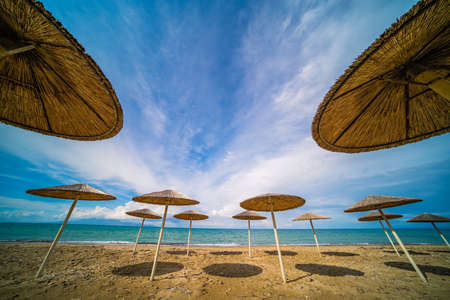 Sunshades on the Tsilivi Beach in summer on Zante Island, Greeceの写真素材