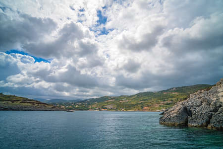 View from the sea of the Agios Nikolaos port in summer, Zante Island, Greeceの写真素材