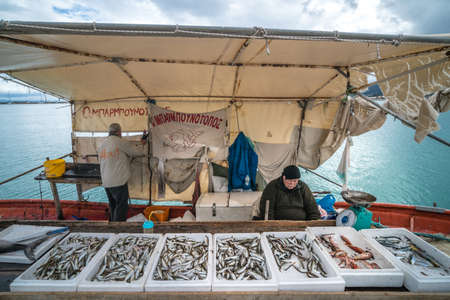 Zakynthos, Greece -  April 2019 : Boxes of freshly caught fish on a fishermen boat in Zakynthos Port...