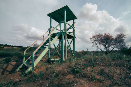 Wide angle view of the wooden Lifeguard lookout on the Tsilivi Beach in summer, Zante Island, Greeceの写真素材
