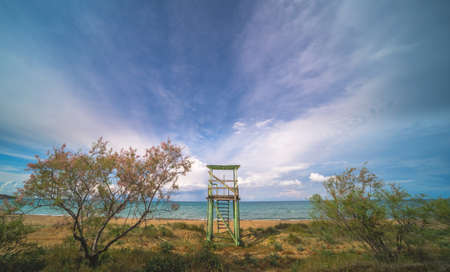 Wide angle view of the wooden Lifeguard lookout on the Tsilivi Beach in summer, Zante Island, Greeceの写真素材