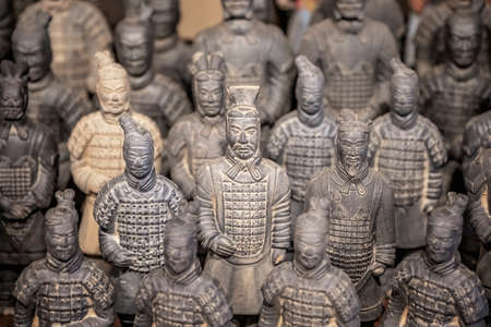Xian, China -  July 2019 :  Souvenir mini small figurines of the clay soldiers of the army of terracota warriors for sale in a gift shop, Shaanxi Provinceのeditorial素材
